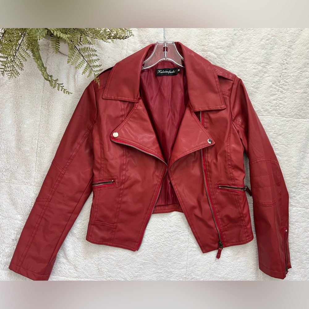 Faux Red Leather Zip Up Moto Style Jacket